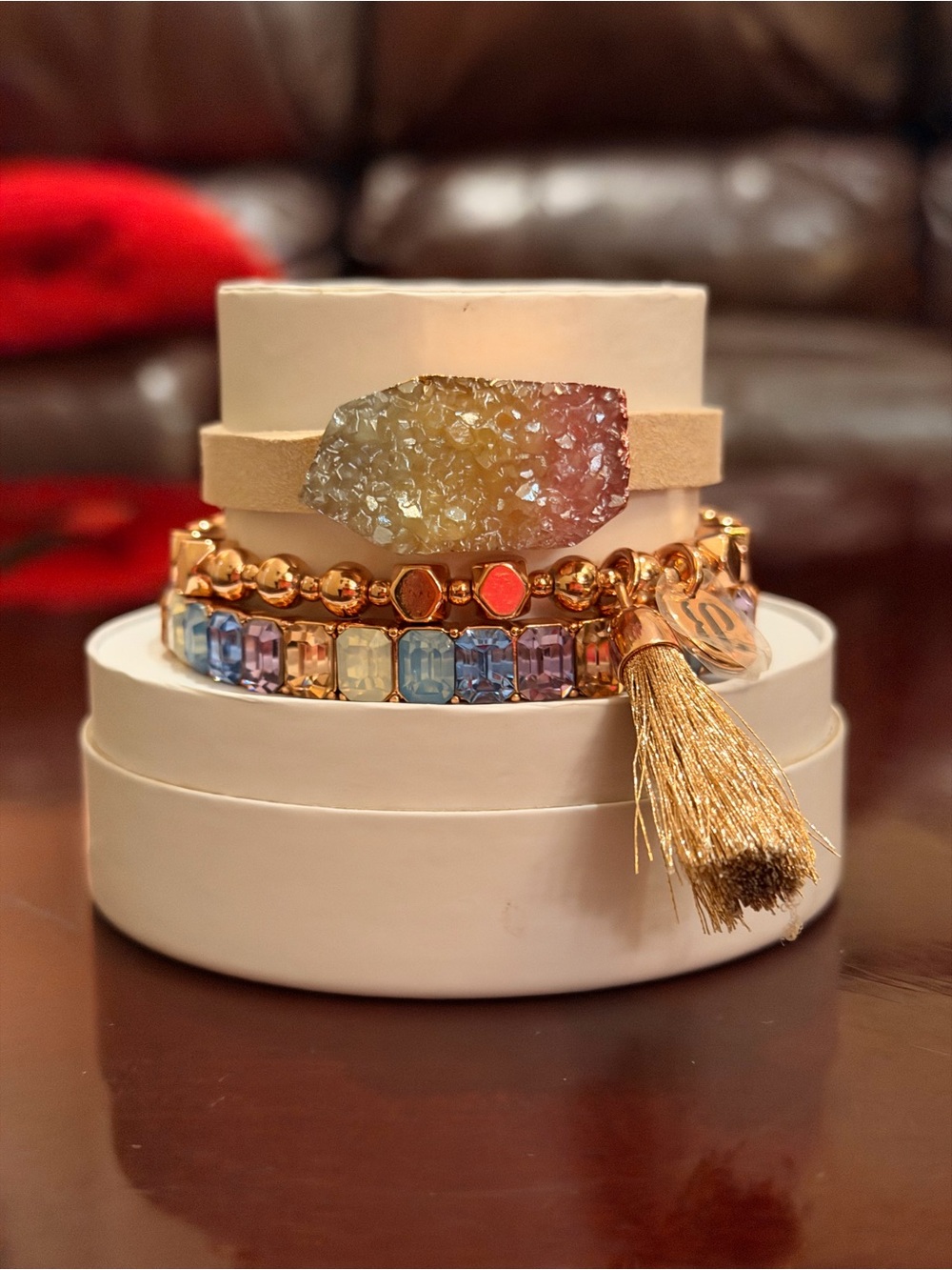Bomb Party New! Gold and Multicolor Gemstone Stackable Bracelet Set
